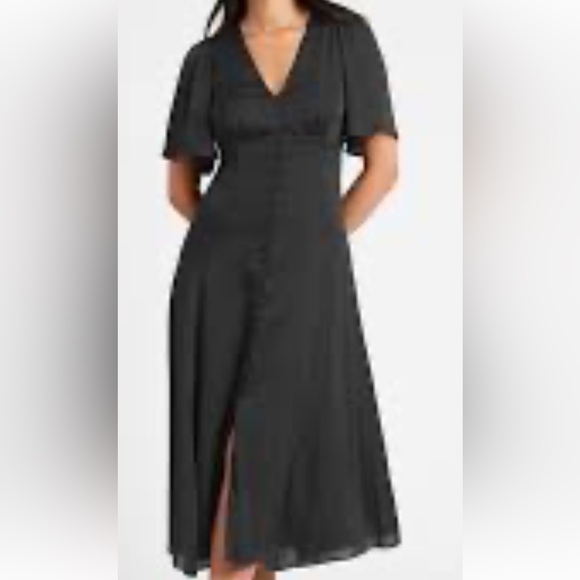 Banana Republic SATIN FLUTTER-SLEEVE MIDI DRESS Elegant Black Midi Dress 8 - Picture 1 of 8